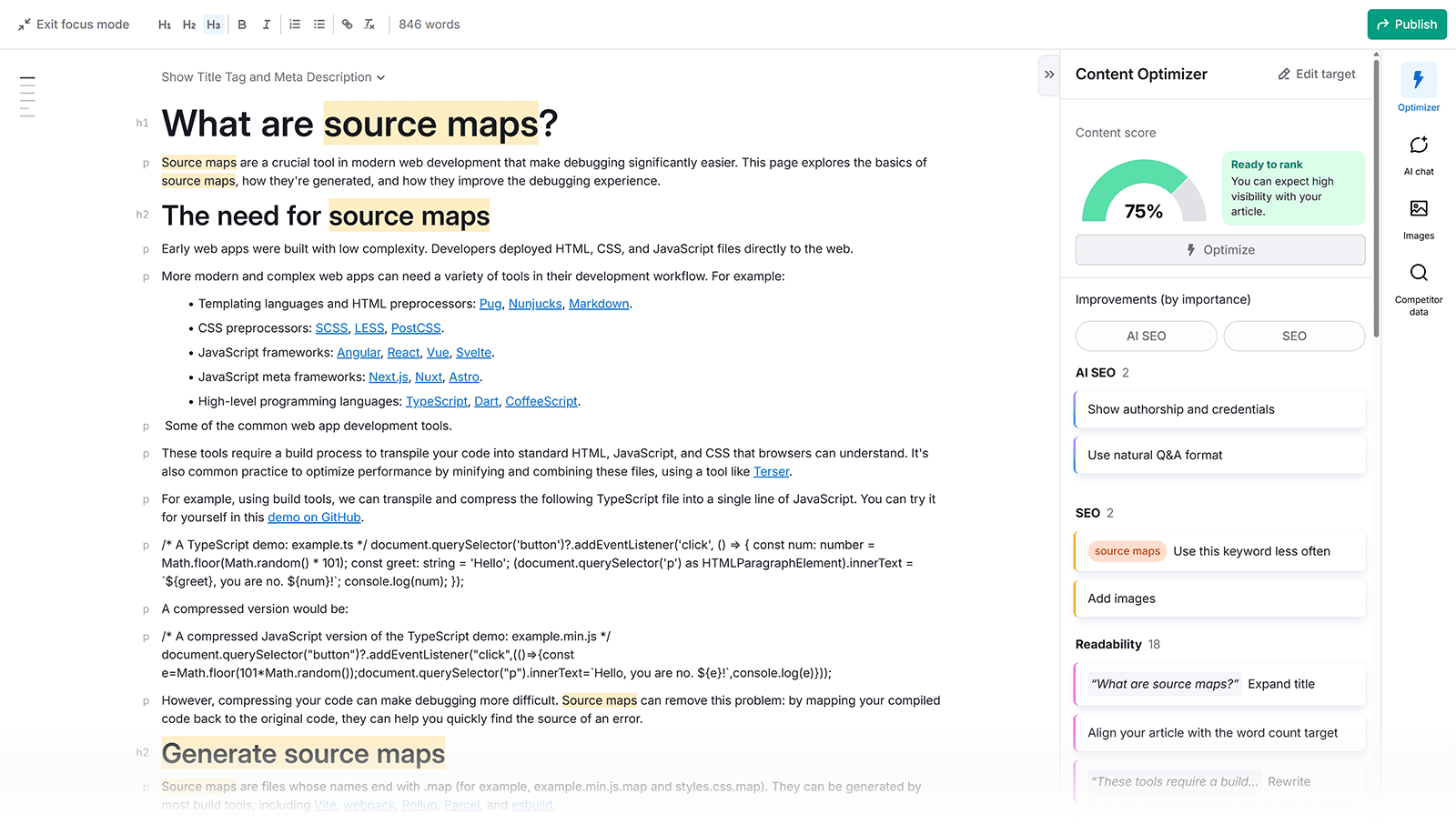 Content editor with SEO suggestions, keyword usage highlights, and optimization score sidebar.