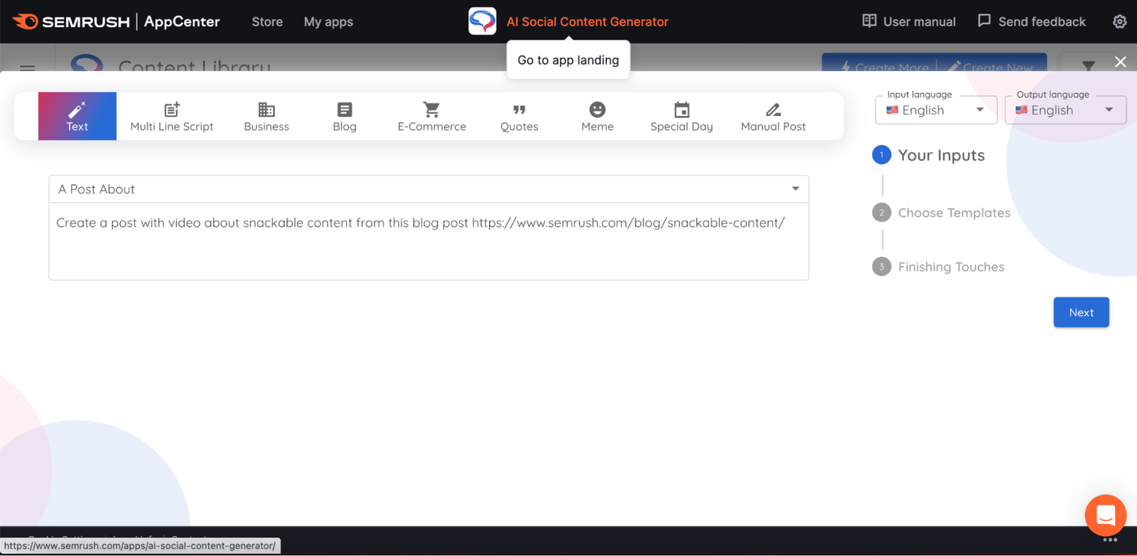 The AI Social Content Generator app provides a space to prompt the AI to create content.