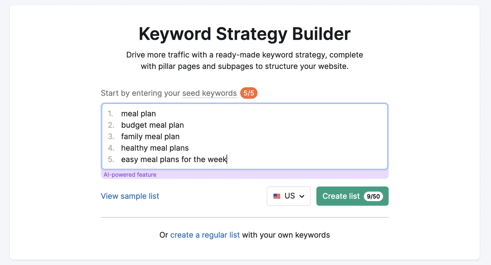 keyword strategy builder start page