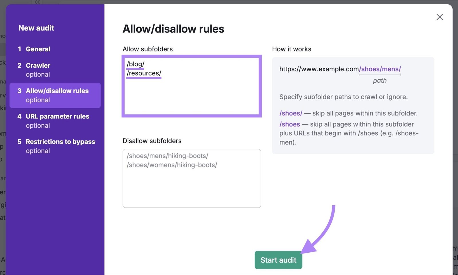 The "Allow/disallow rules" tab on Site Audit settings with subfolders entered in the "Allow" box and "Start audit" clicked.