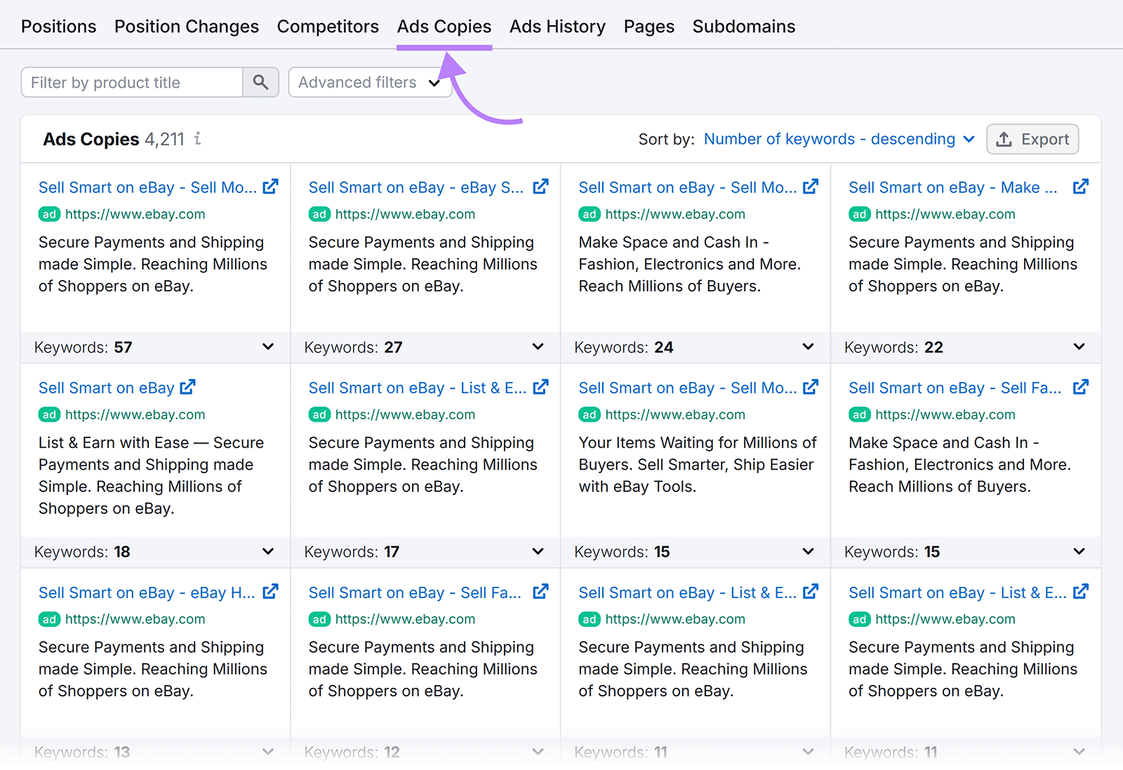 Semrush Advertising Research Ads Copies tab showing eBay PPC ad variations and keyword counts