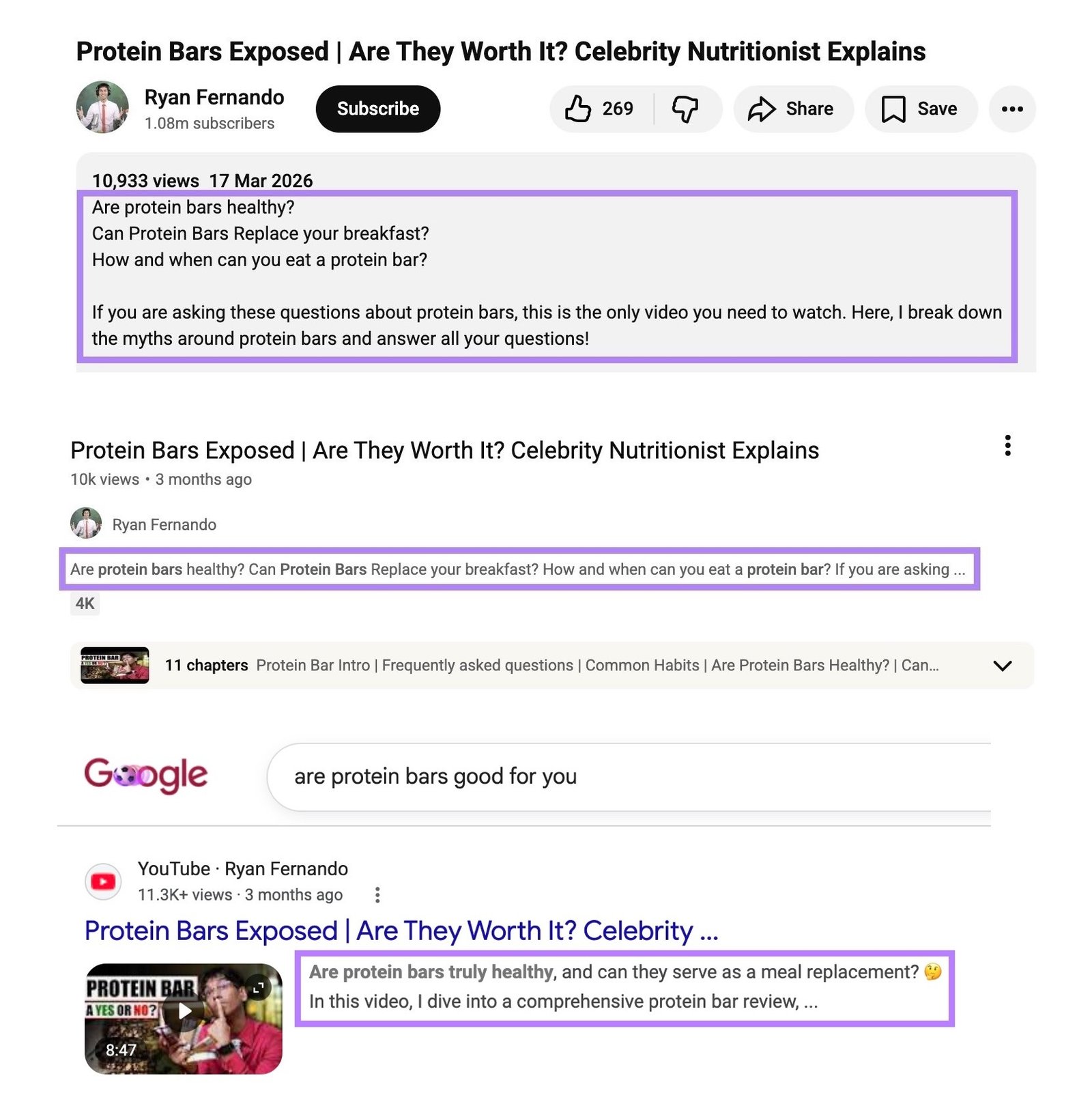 How the description of a YouTube video appears below the video, in the YouTube SERP, and Google SERP.