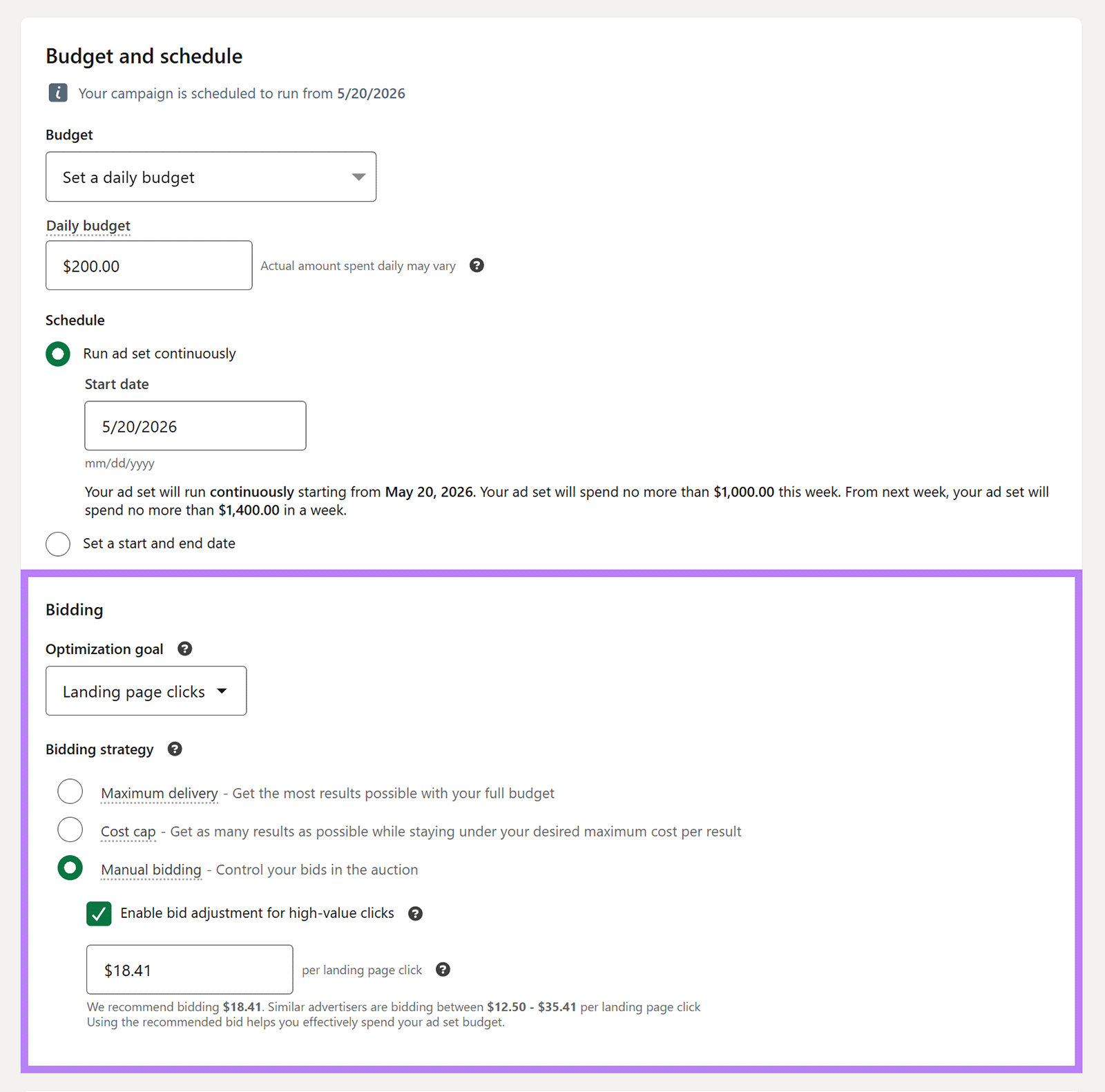 LinkedIn ad campaign budget and bidding settings with daily budget and manual bidding selected