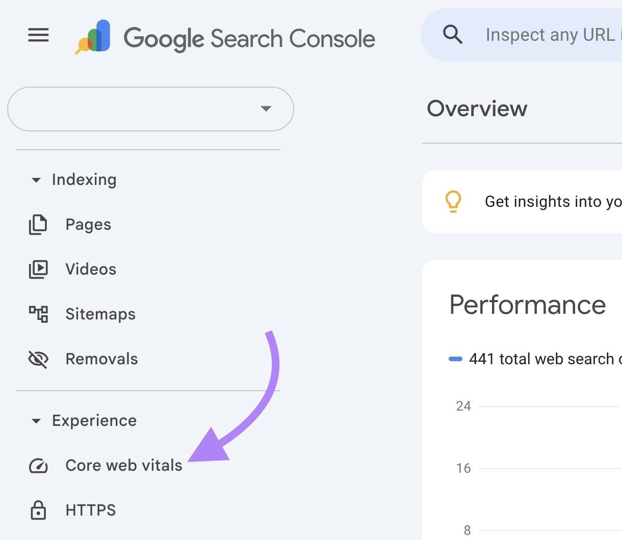 Google Search Console with "Core web vitals" clicked on the sidebar menu.