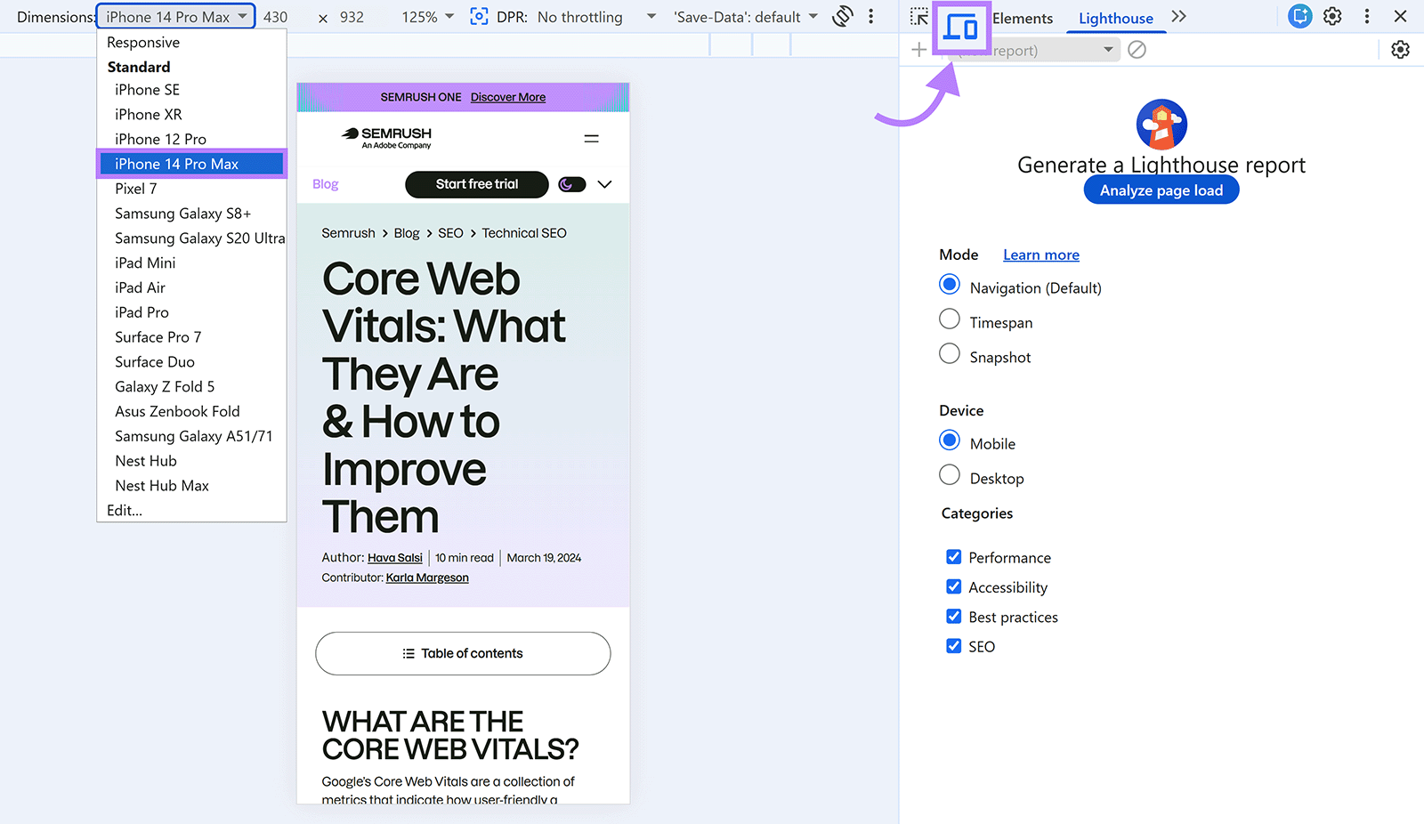 Chrome DevTools device toolbar and Lighthouse mobile audit setup for testing landing page responsiveness
