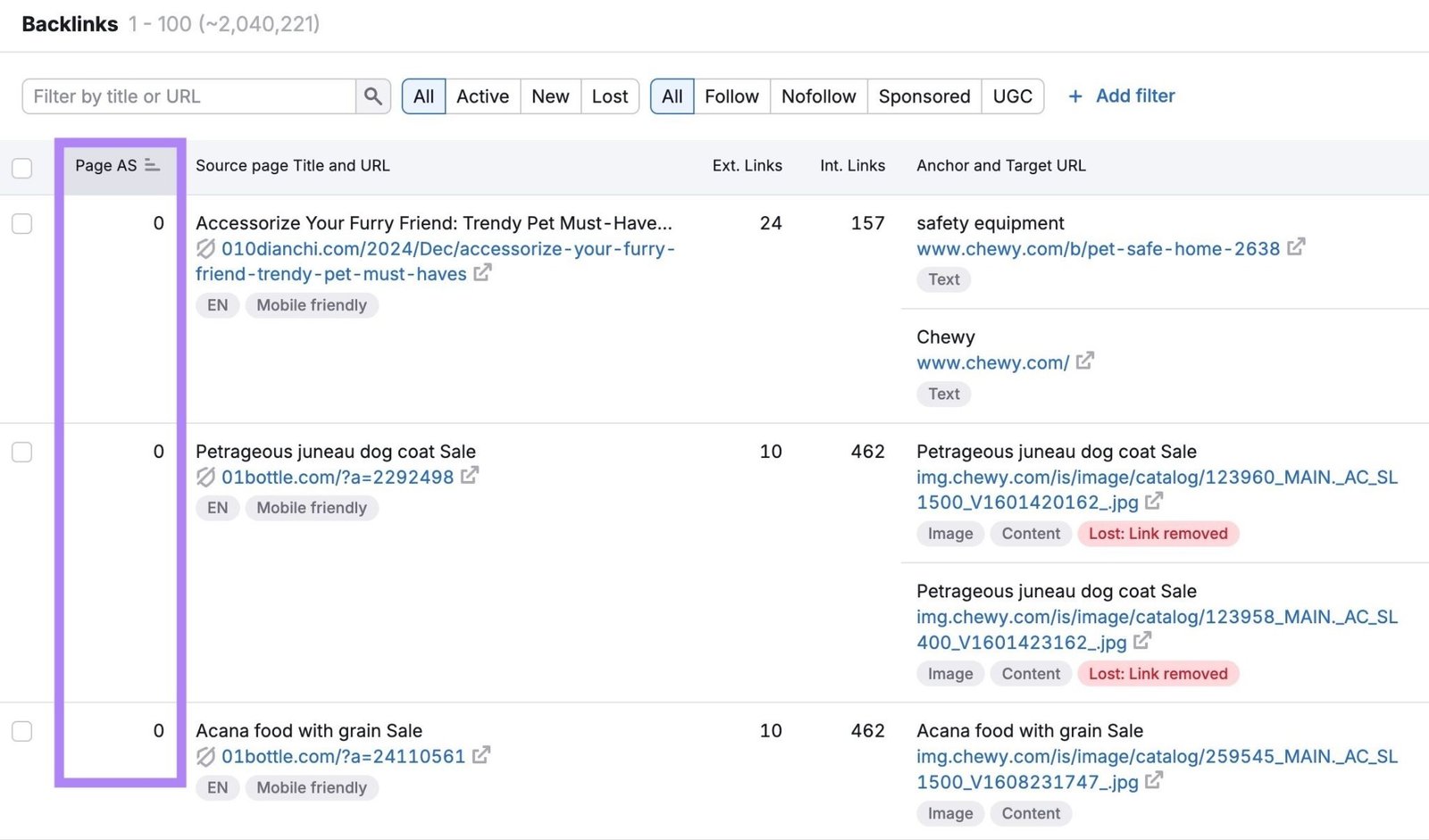 Backlinks report showing a list of backlinks sorted by authority score.