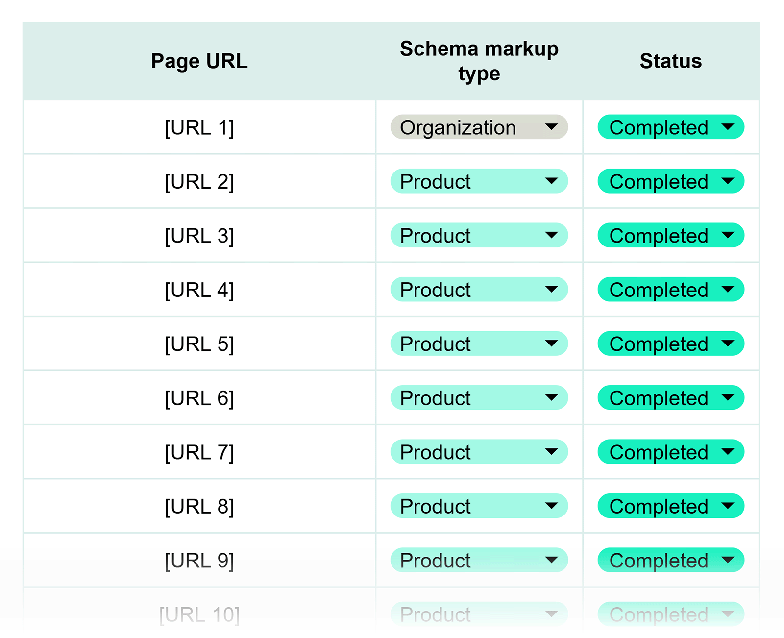 Schema markup implementation table tracking page URLs, schema types, and completion status across key pages