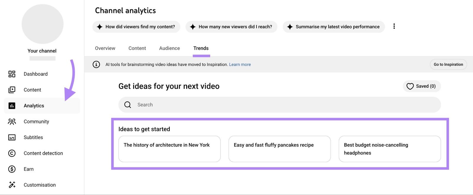 The "Trends" tab on Channel Analytics in YouTube Studio showing a list of trending video ideas to target.
