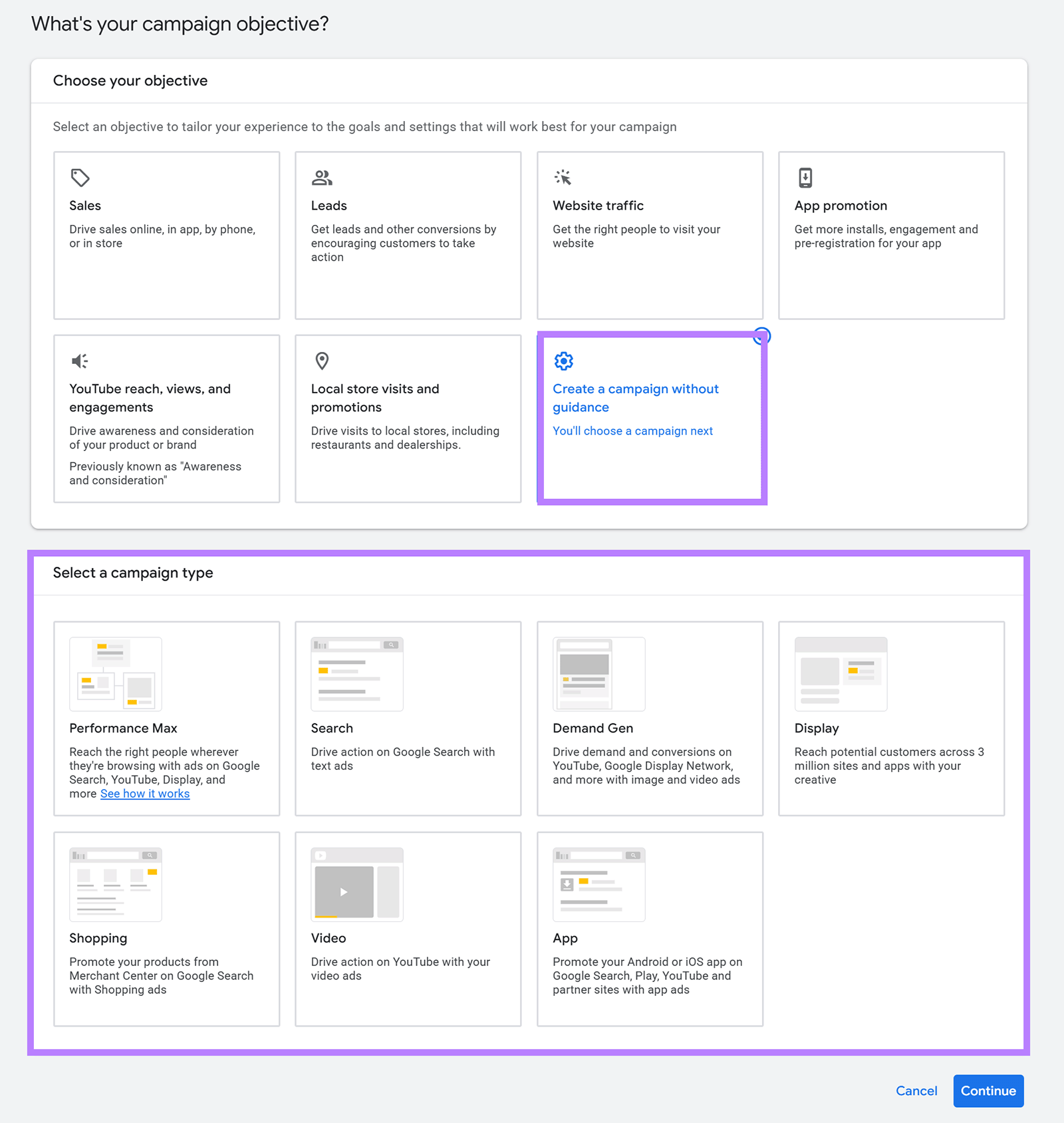 Google Ads campaign setup showing campaign objectives and campaign type options including Search, Display, and Video