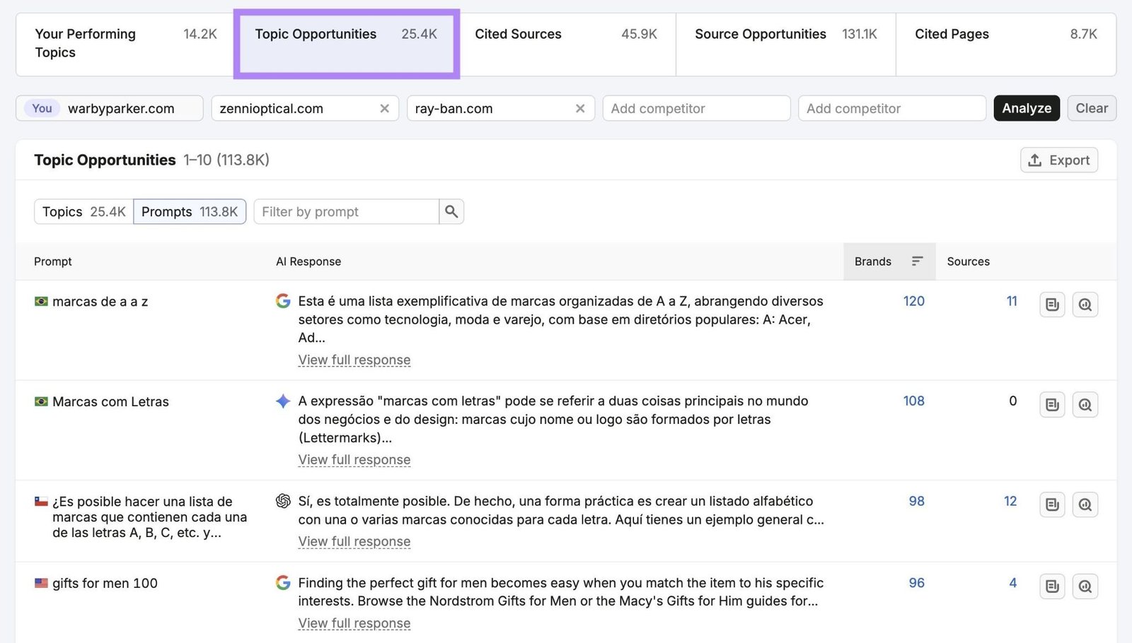 Topics & Sources on Visibility Overview with the "Topic Opportunities" tab selected.