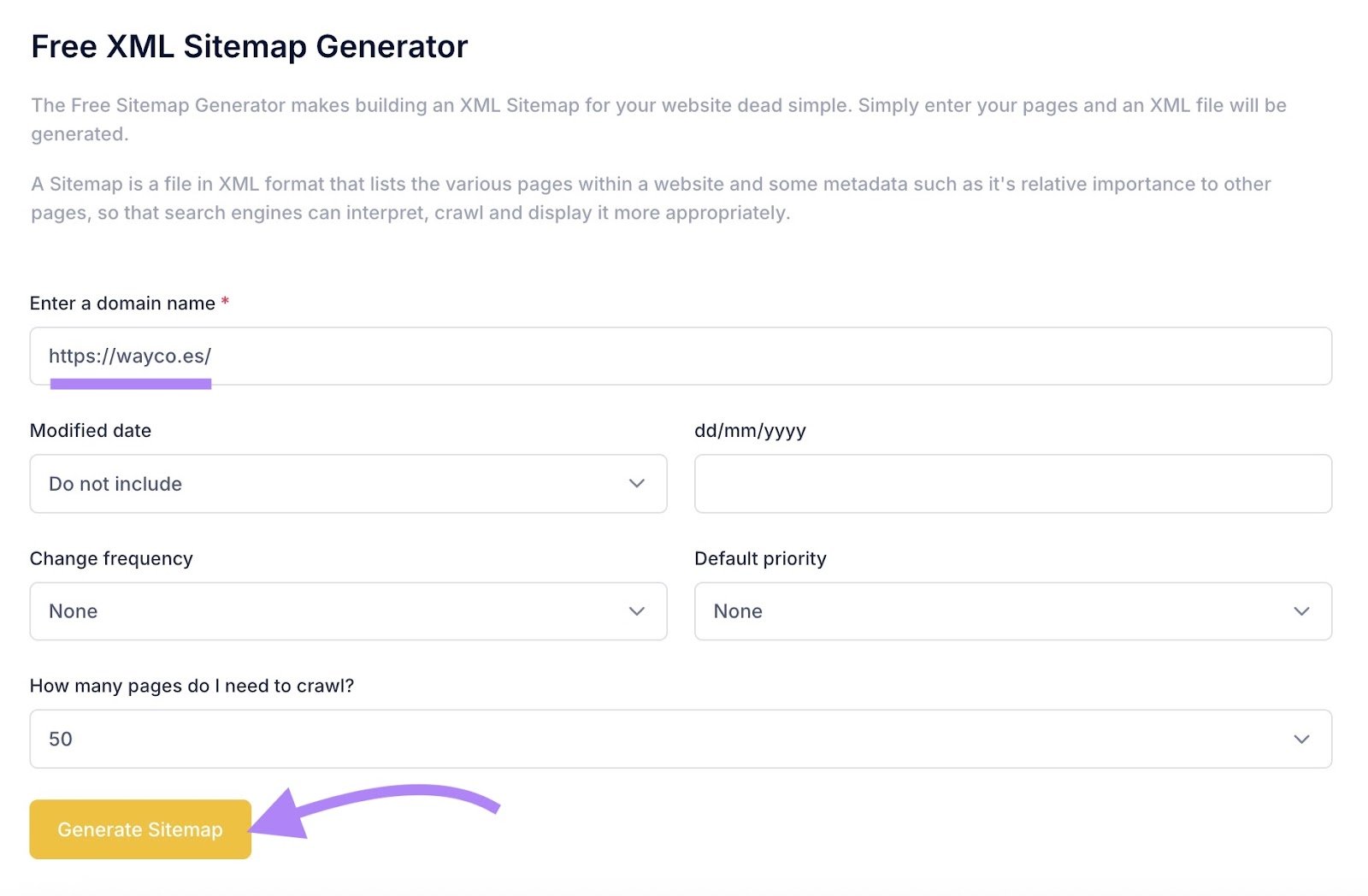 Free XML Sitemap Generator on SEOptimer with a domain entered and "Generate Settings" clicked.