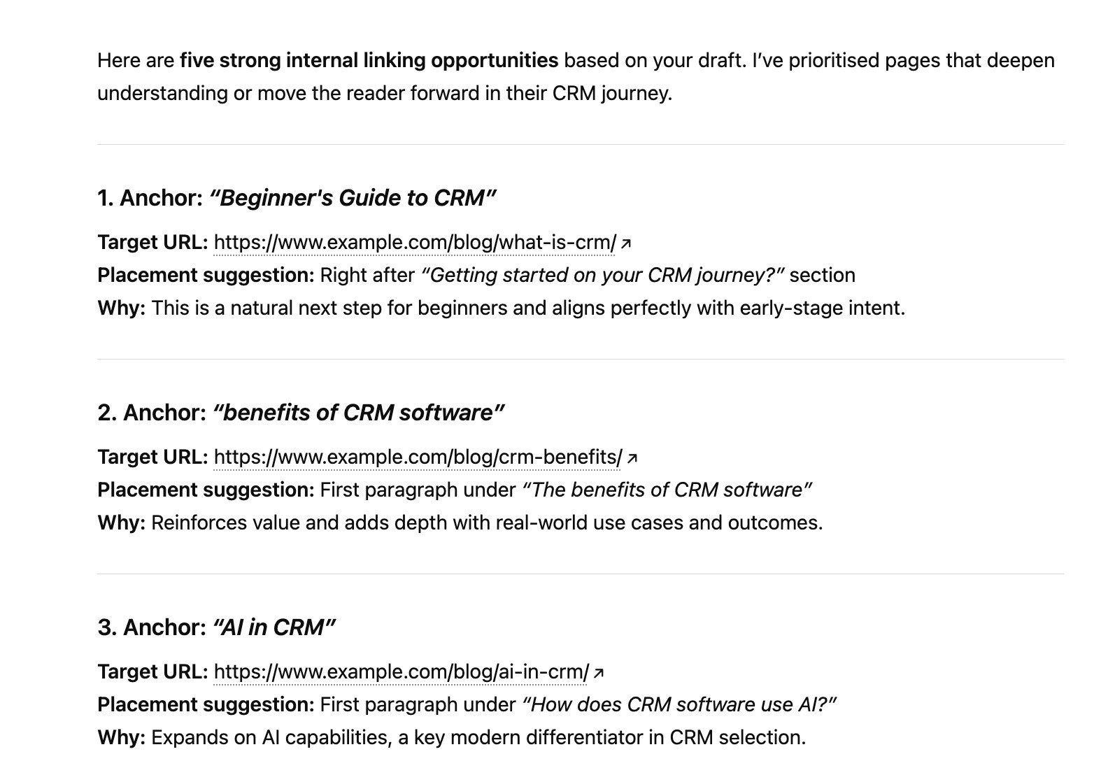 ChatGPT generating a list of internal pages to link out to from a newly published blog post.