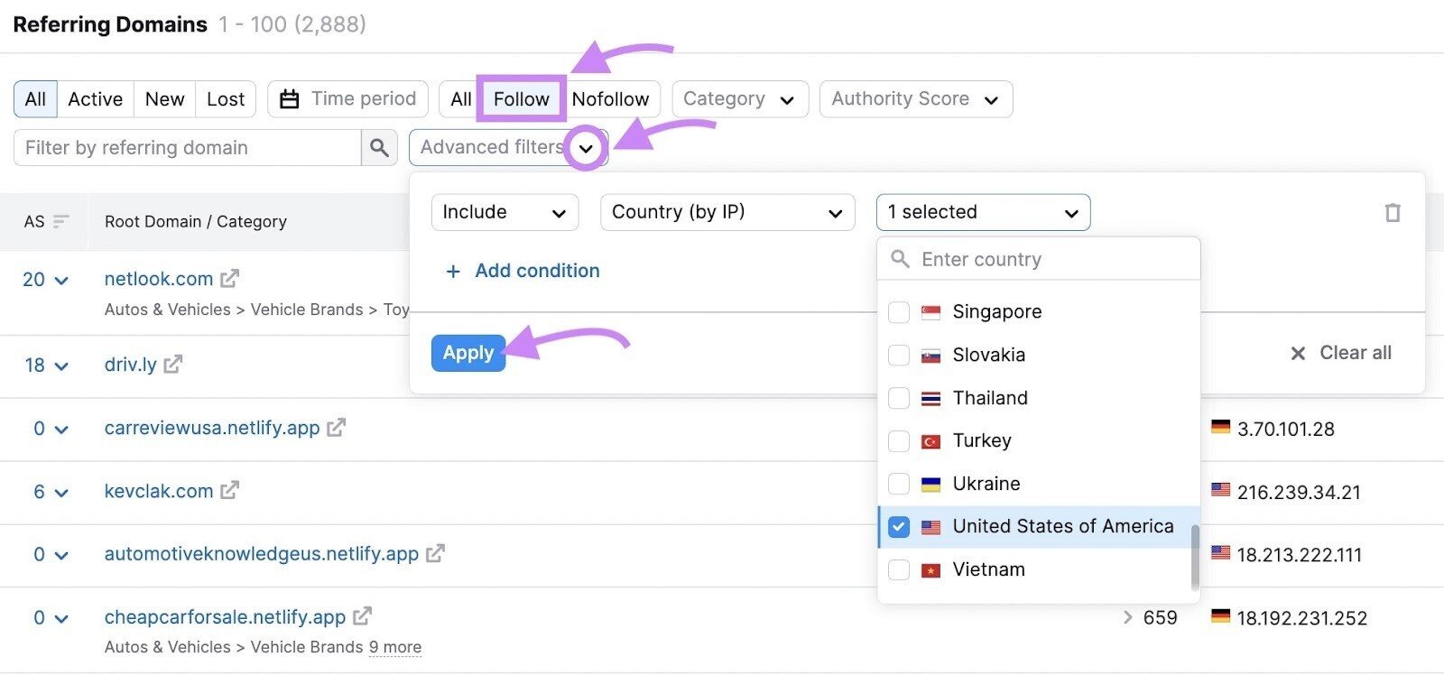 Backlinks' filters highlighted