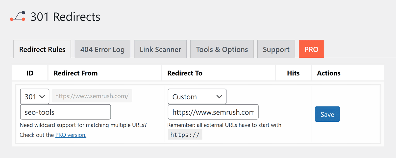 301 redirect plugin interface with URL path entered and custom destination set to sem2.pakflow.site URL.