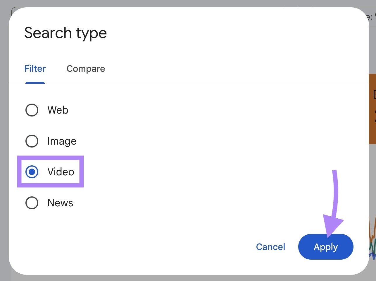 "Video" selected as the search type on Google Search Console along with "Apply" clicked.