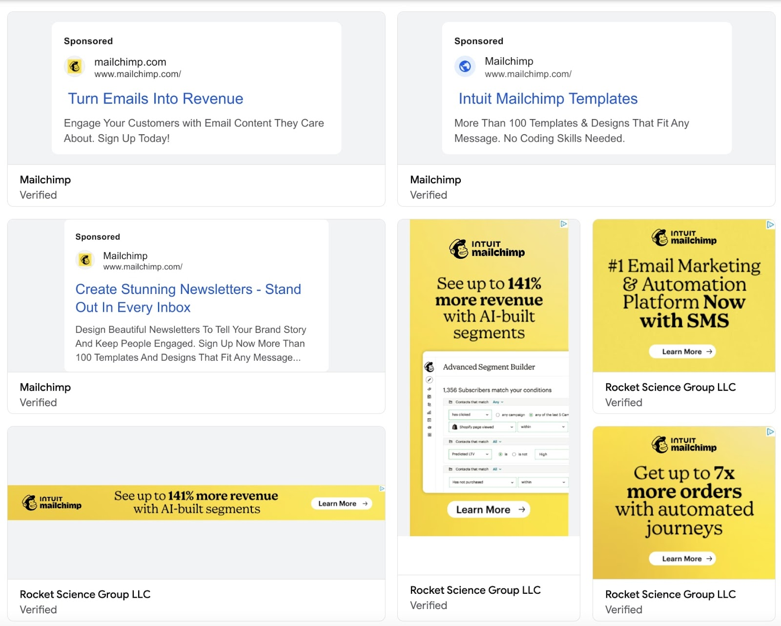Google Ads Transparency Center displaying active Mailchimp search and display ads across Google's network