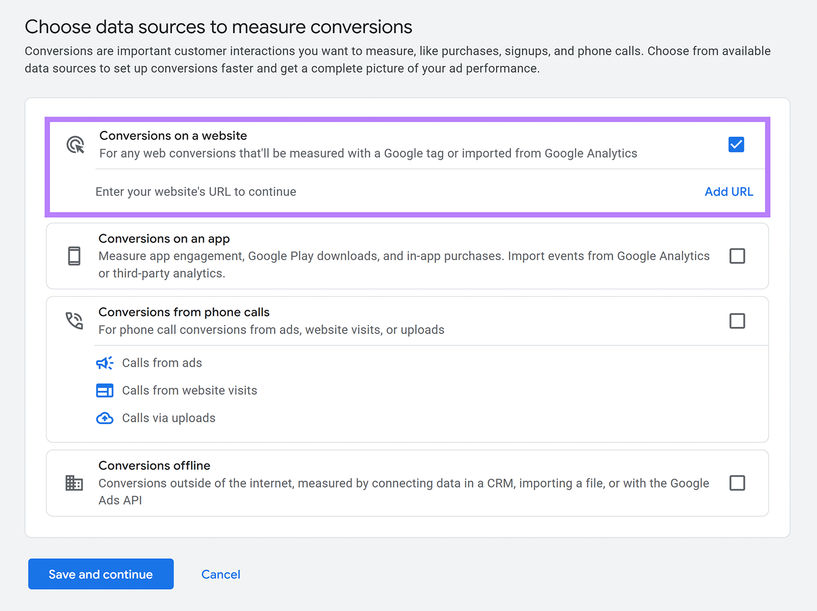 Google Ads conversion setup screen with website, app, phone call, and offline data source options for tracking conversions
