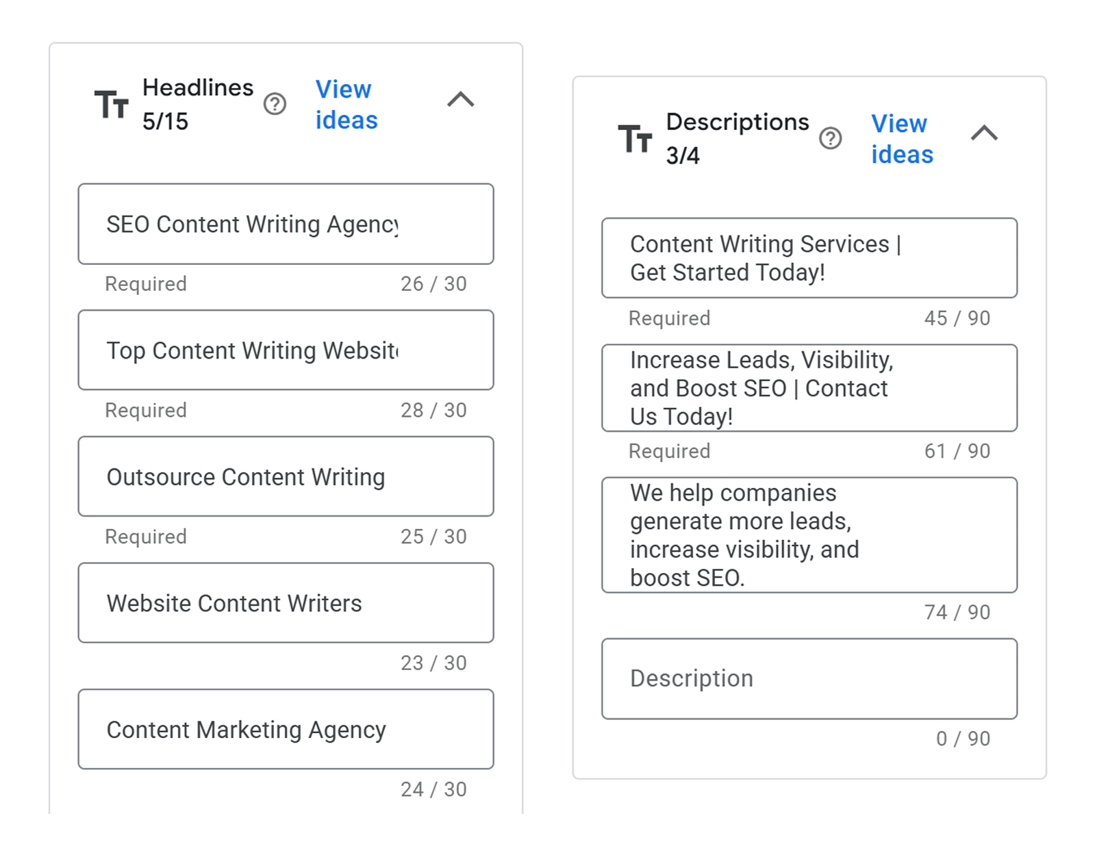 Google Ads editor showing headline and description fields for responsive search ads