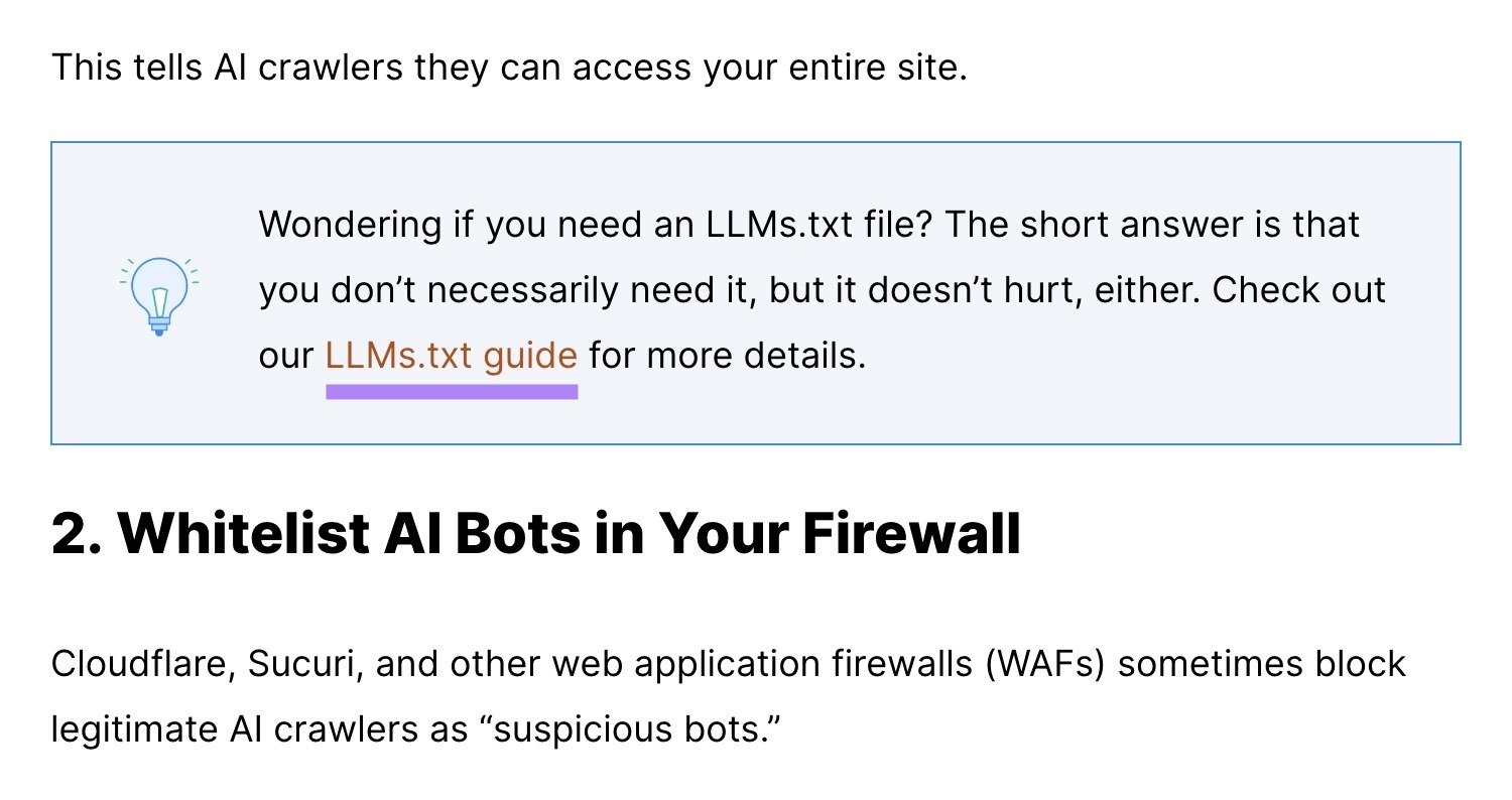 A blog post by Backlinko with the anchor text, "LLMs.txt guide" highlighted.