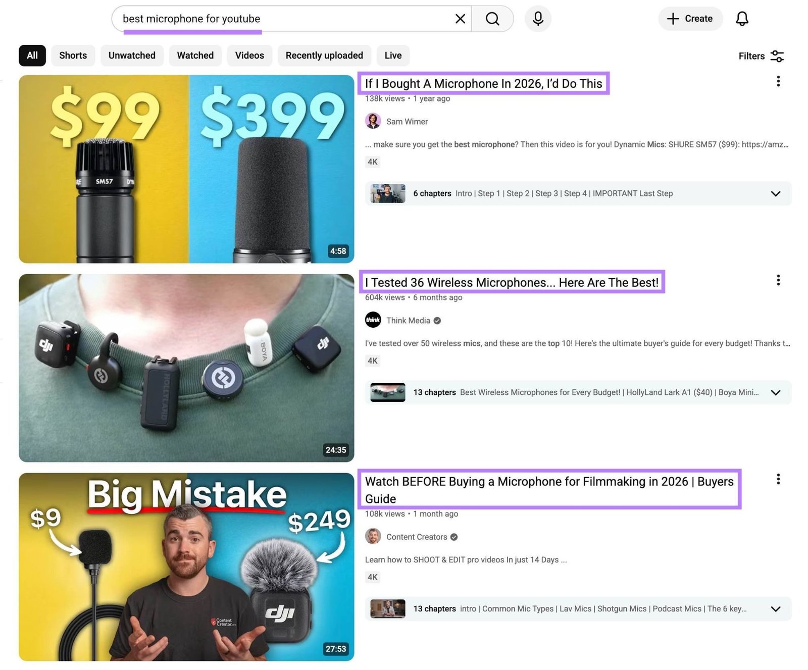 YouTube SERP for the term "best microphone for youtube" with the titles of the top three results highlighted.