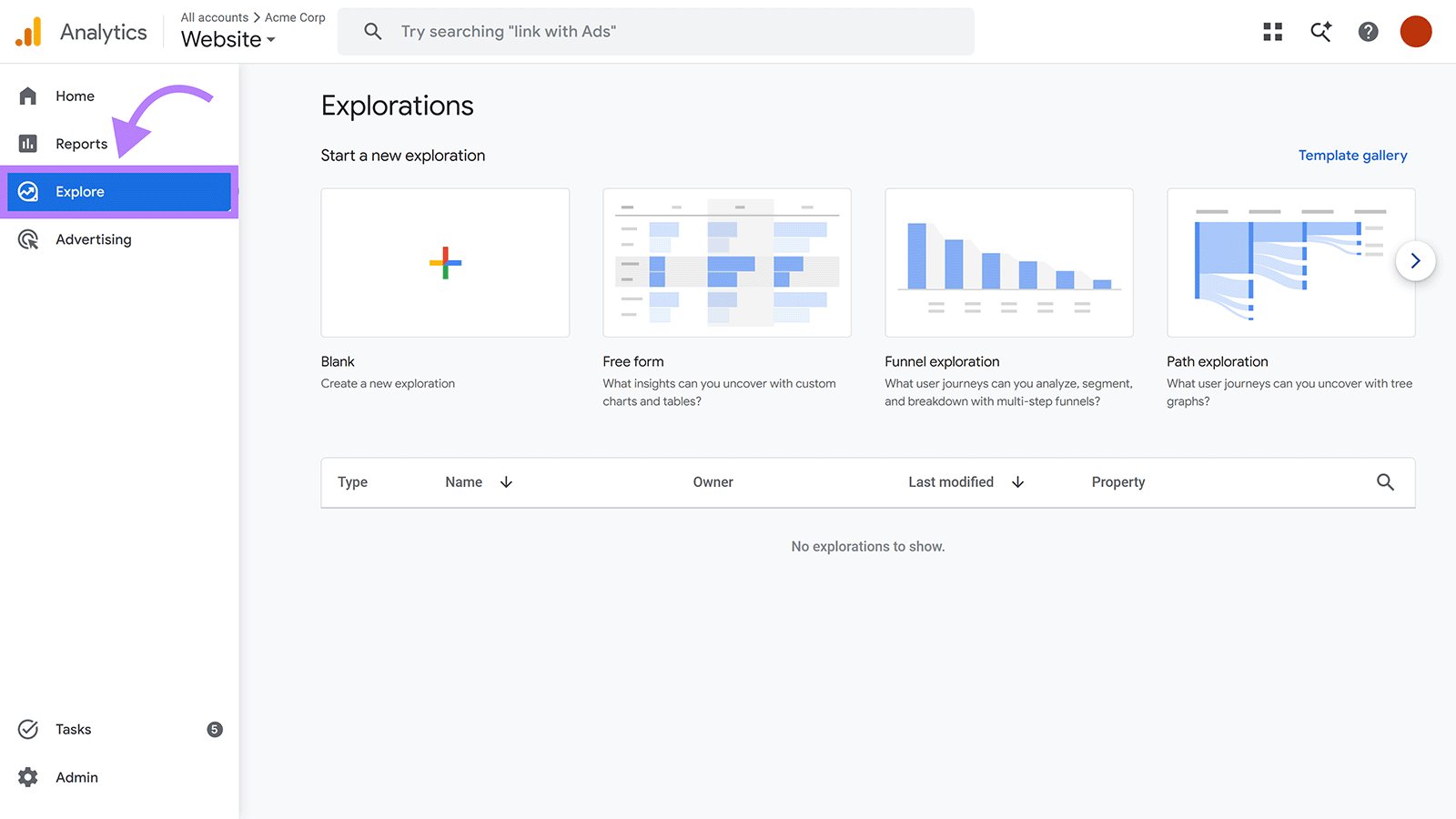 GA4 Explore section showing blank, free form, funnel exploration, and path exploration templates