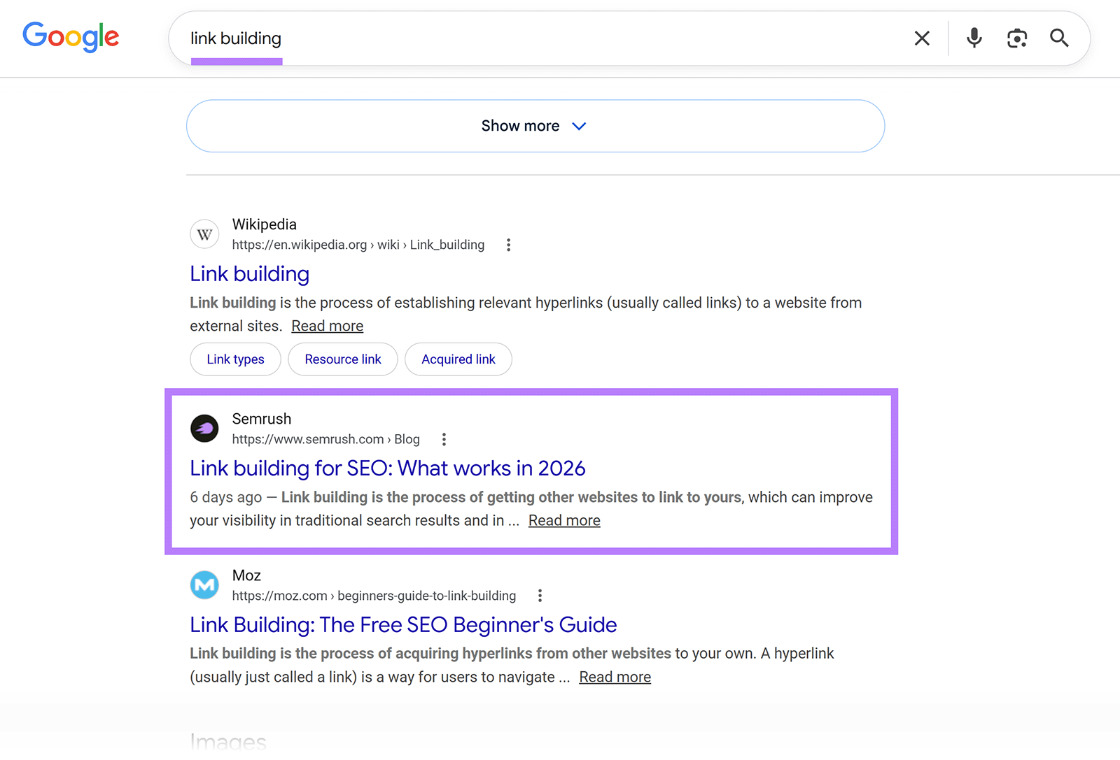 Google results for “link building” with the Semrush article highlighted near the top of the page