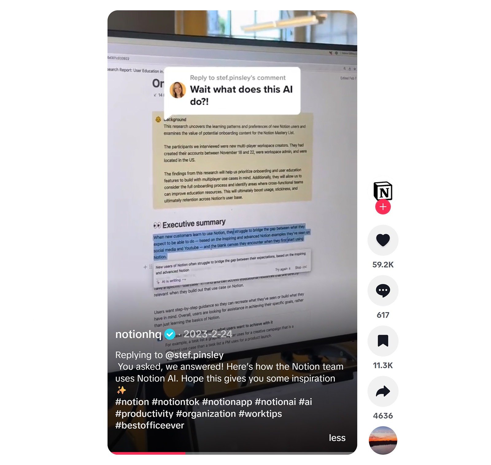 TikTok post from Notion showing AI workflow content with caption and hashtags