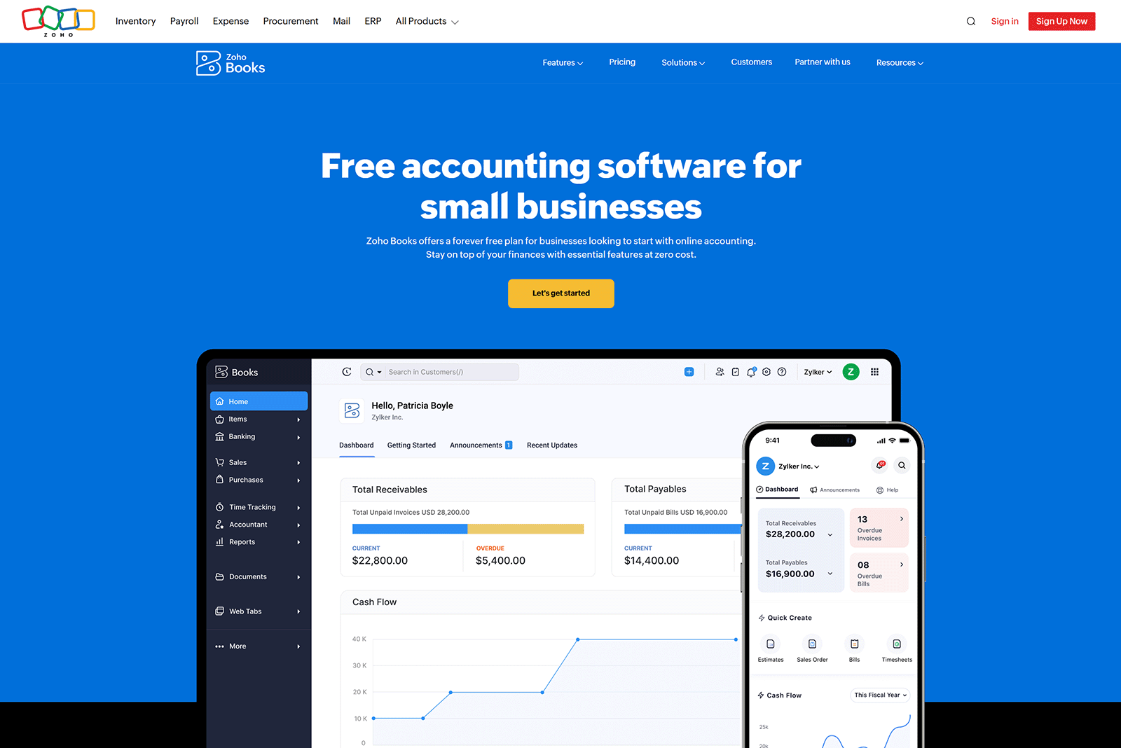 Zoho Books landing page promoting free accounting software for small businesses