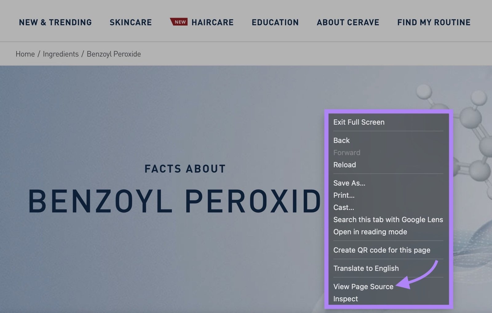 "View Page Source" selected from the menu after right-clicking a page on Google Chrome.