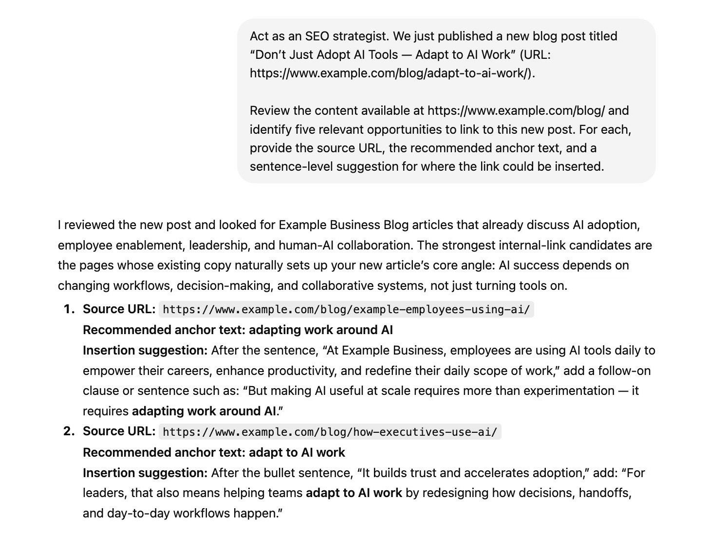 ChatGPT generating a list of internal pages to add links to a newly published blog post.