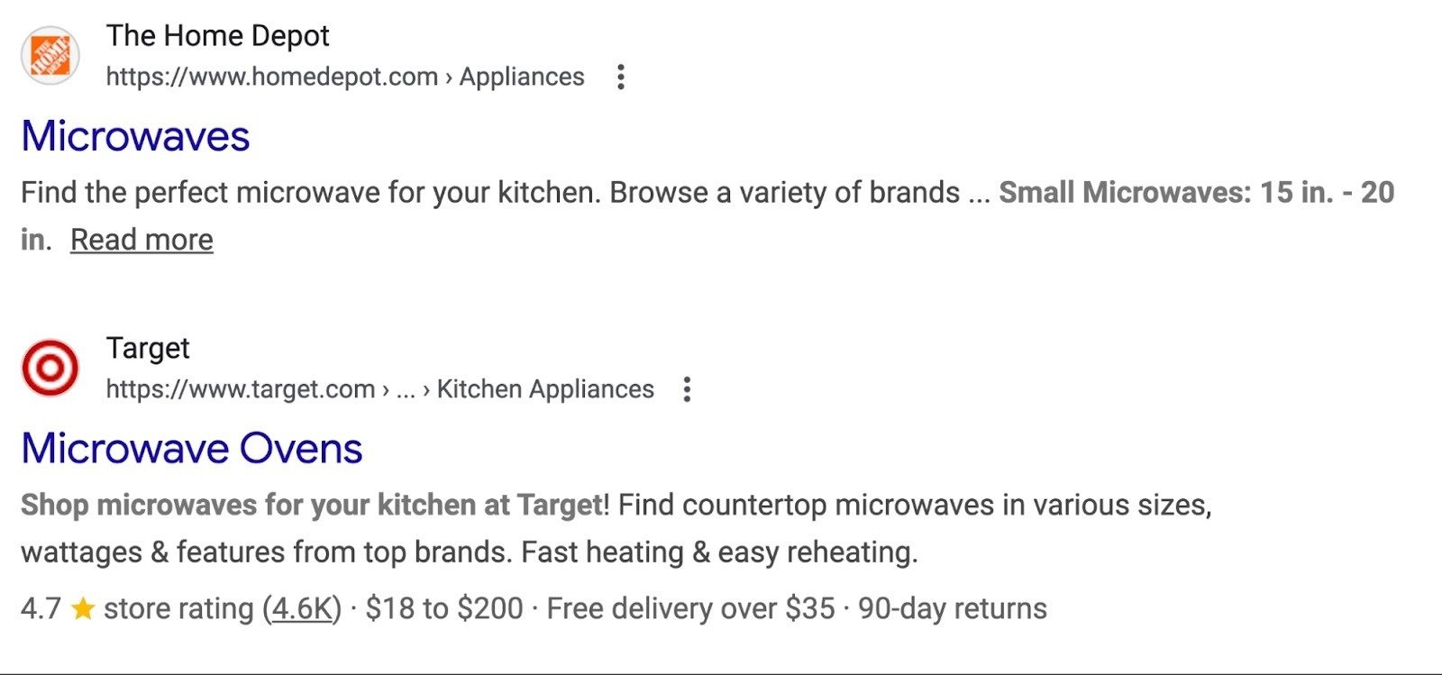 Google SERP for the term “small microwave under $200” showing a simple blue link result and a rich result with a rating, price, and delivery options.