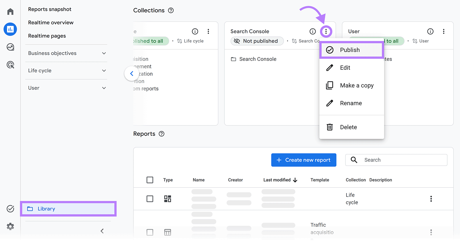 GA4 Library menu showing the Publish option for the Search Console collection