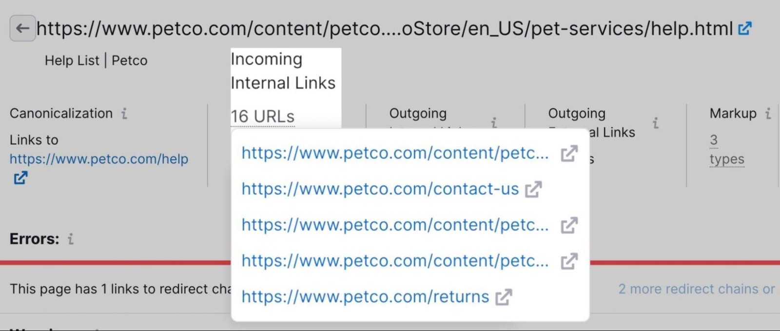 "Incoming Internal Links" section in Site Audit