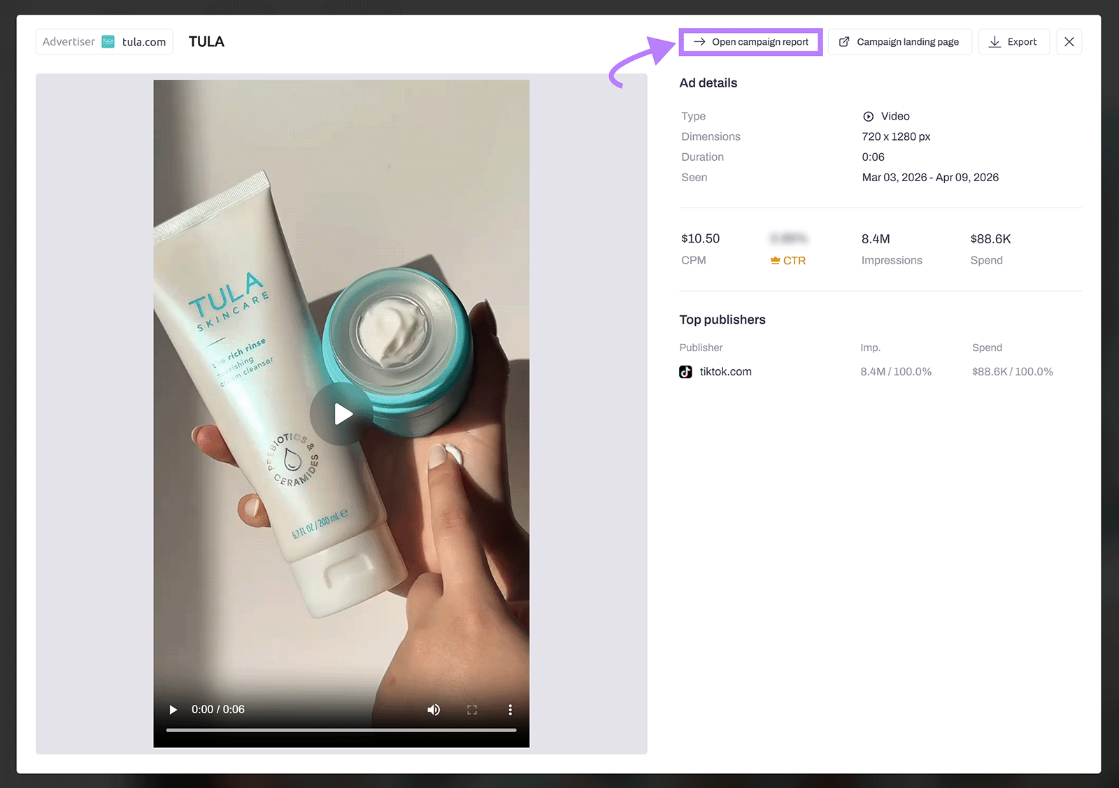 TULA ad details panel showing video ad spend, impressions, CPM, and top publisher