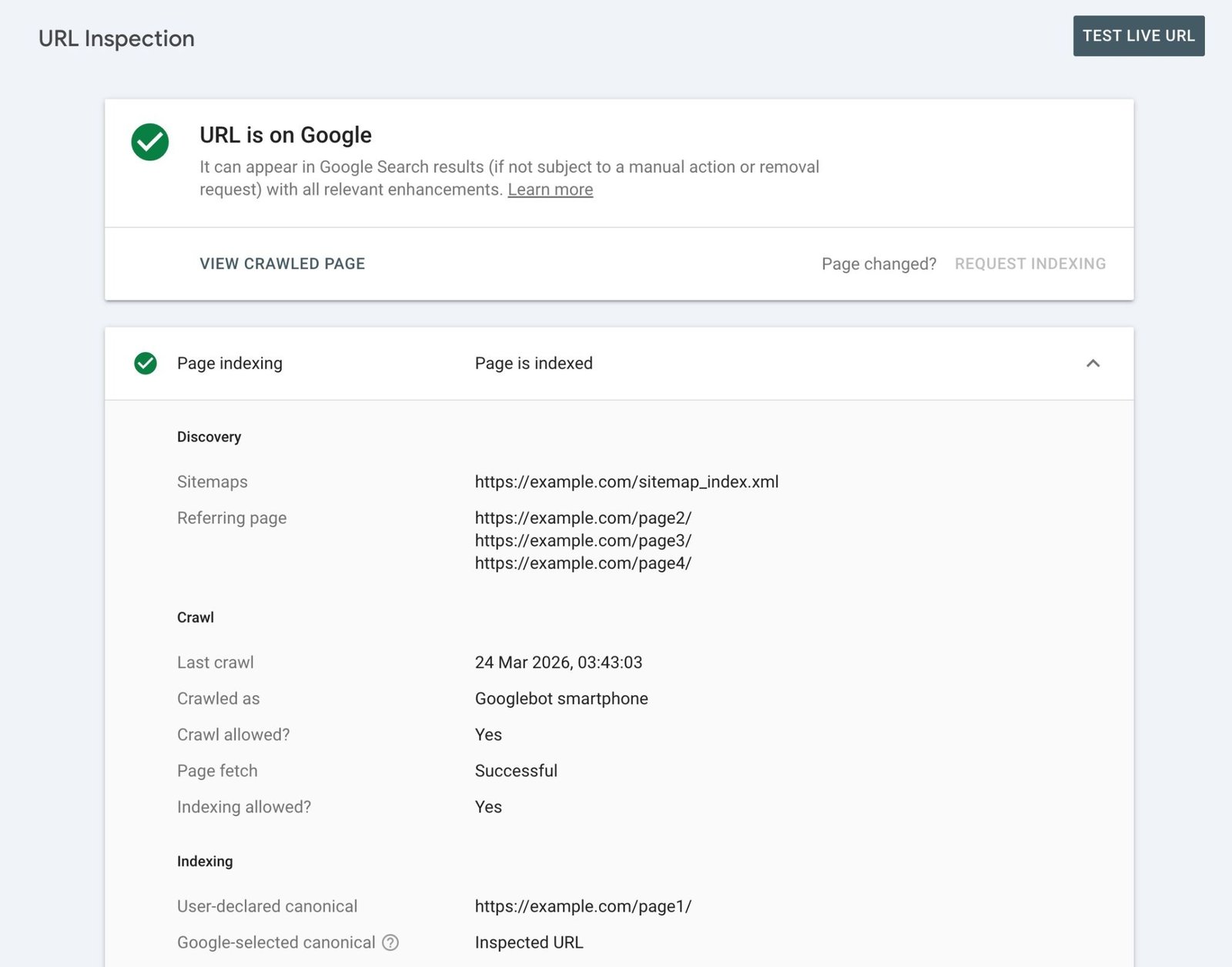 URL Inspection report on GSC showing if a URL is indexed on Google along with indexing details.