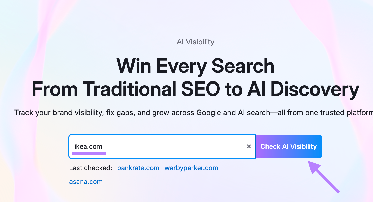 Visibility Overview with ikea.com entered and an arrow pointing to Analyze.