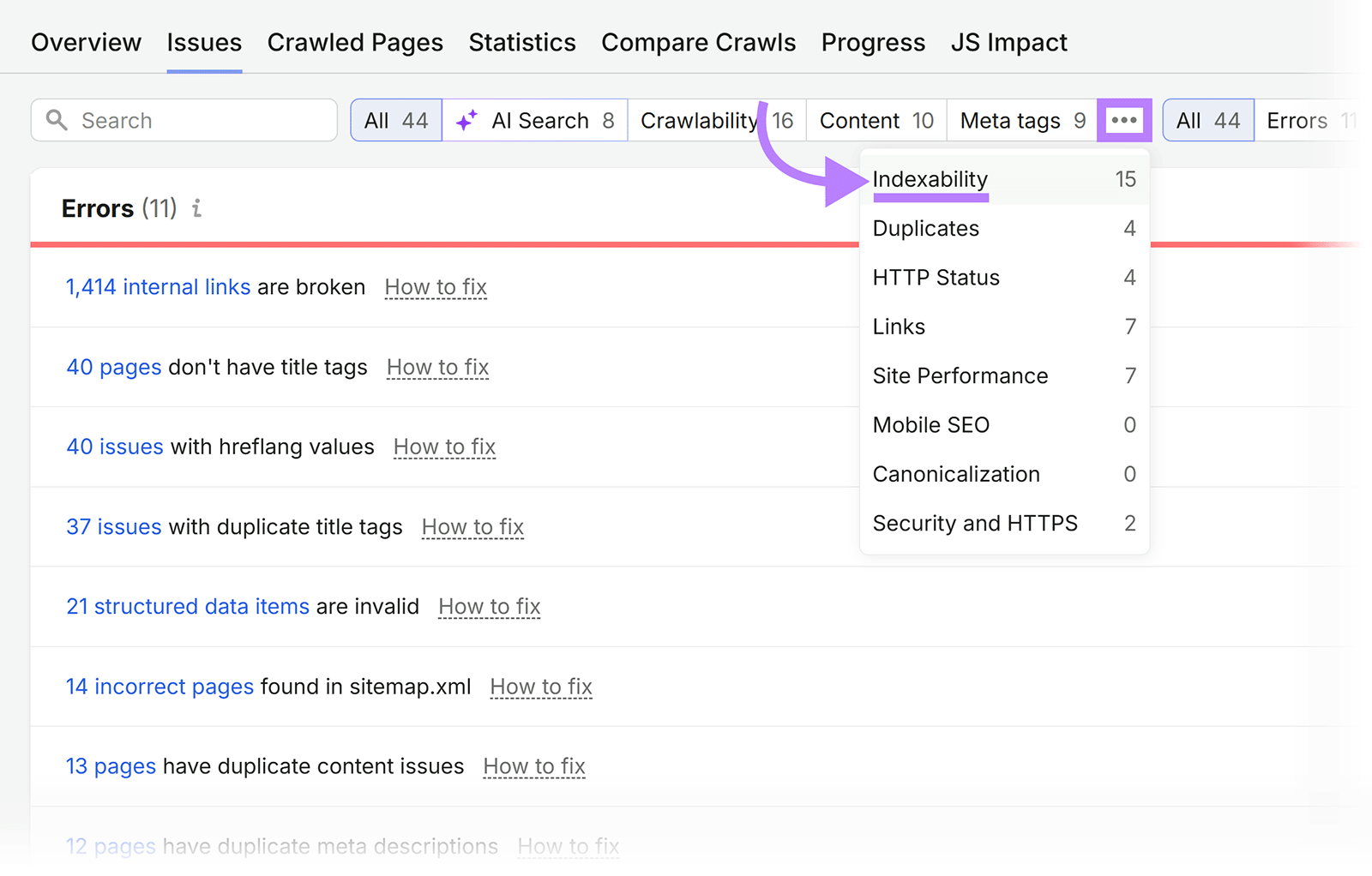 Semrush Site Audit Issues report with the issue category menu open and Indexability highlighted