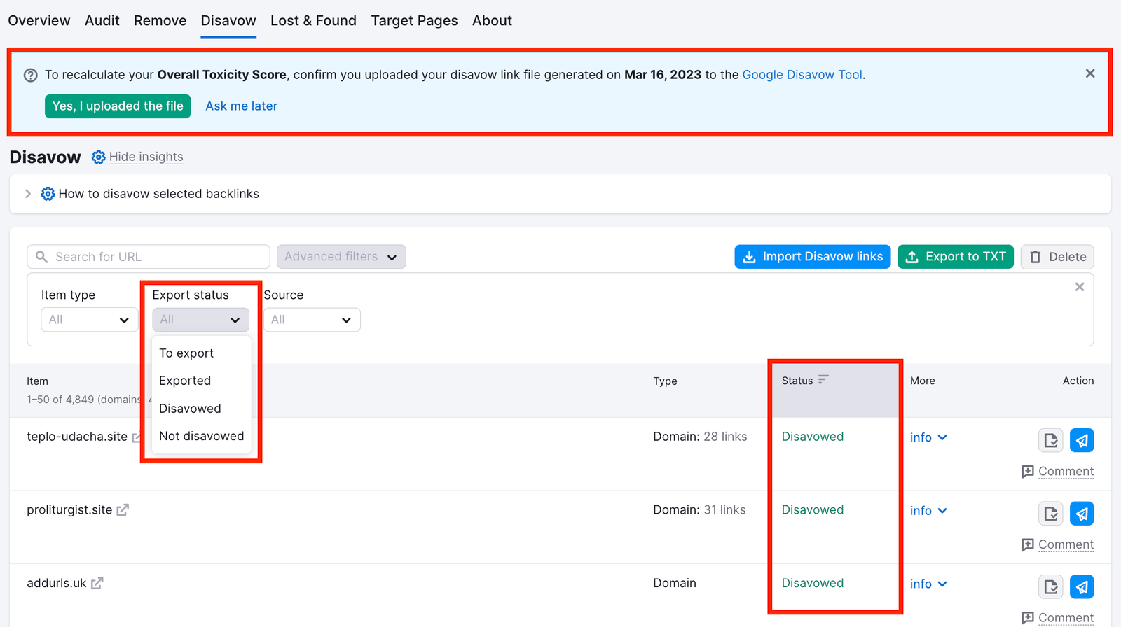 How to confirm that you have disavowed the links.