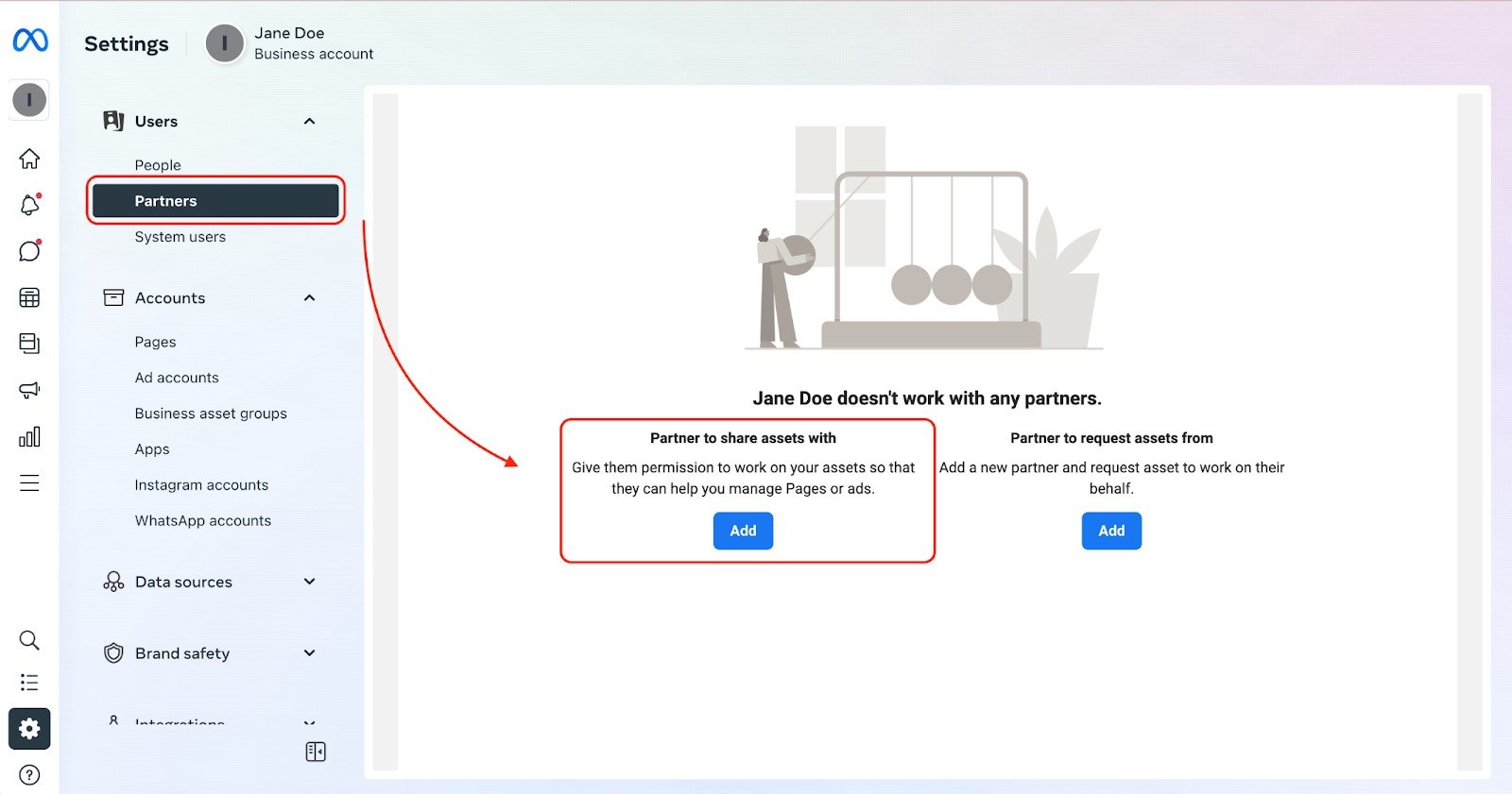Meta business suite settings menu with red rectangles highlighting the Partners tab and the Add button which you need to click to share assets.