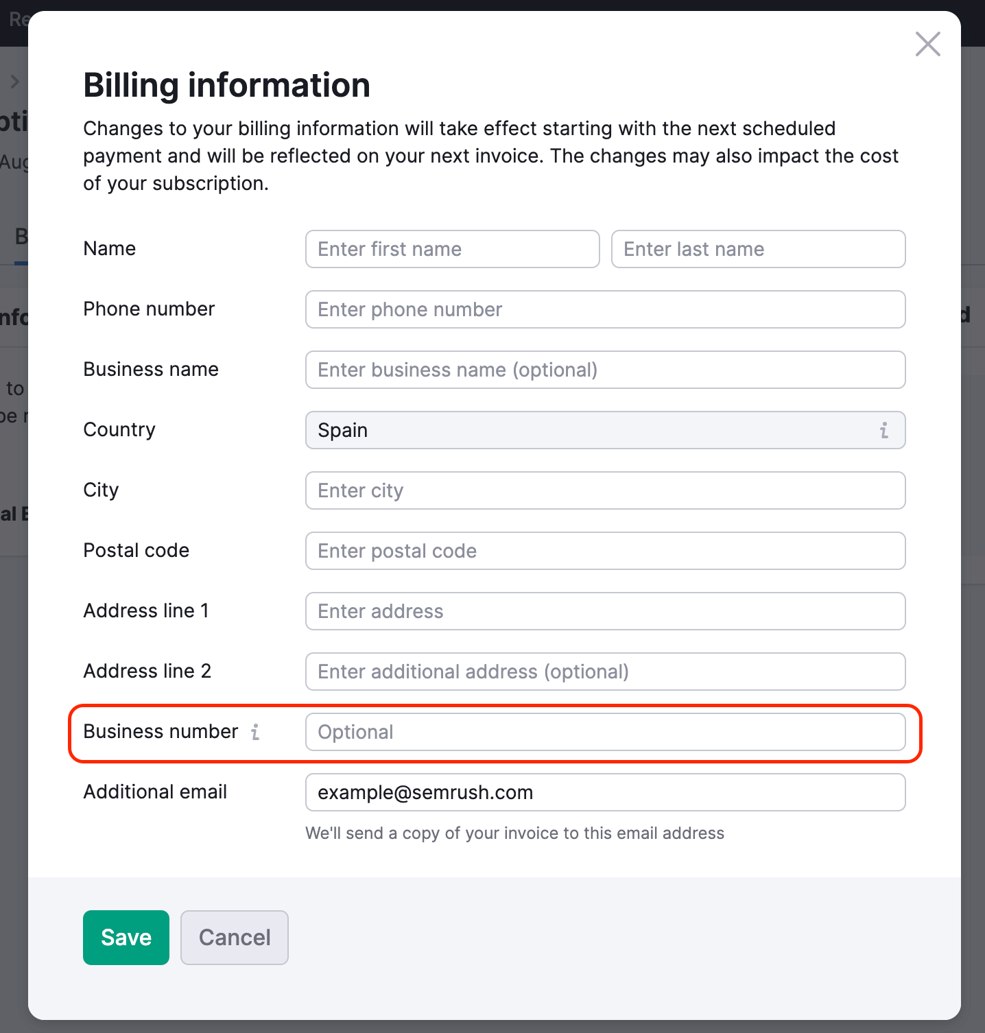 An example of Billing Information window open, with a field for a Business number highlighted with red.