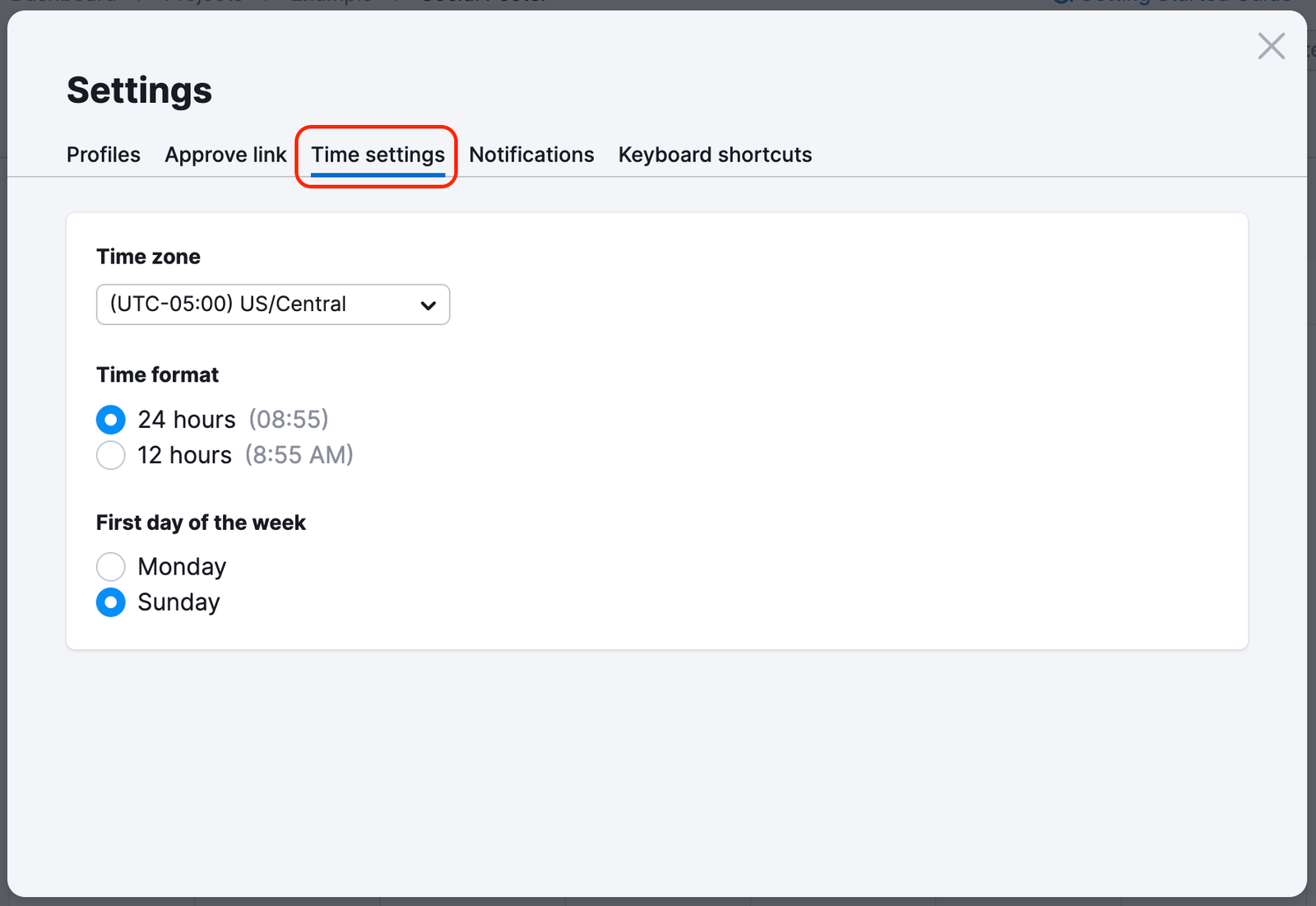 Settings pop-up window with the Time settings tab being highlighted.