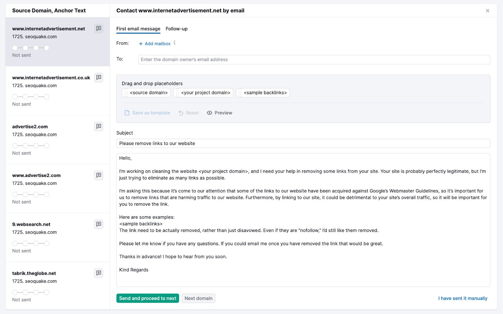 An example of an email that can be sent to domain owners.