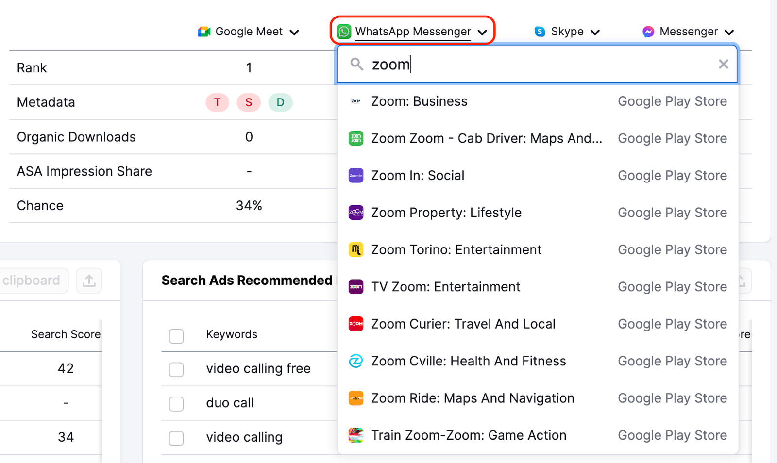 Selecting a different app to compare in the Keyword Overview feature.