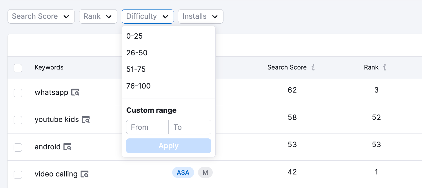 Filtering your results in AI Keyword Inspector for ASO.