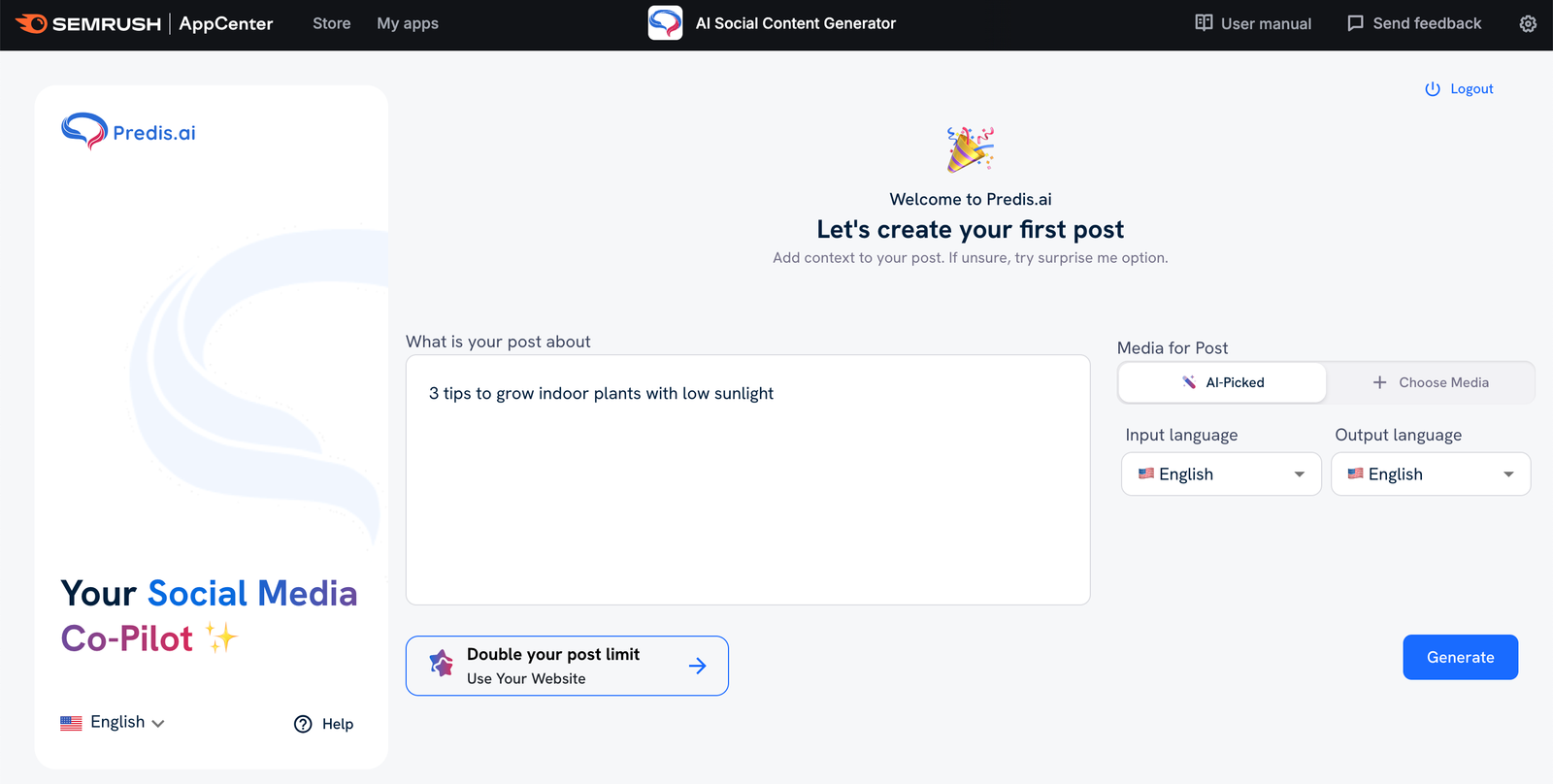 The starting page of Social Content Generator.