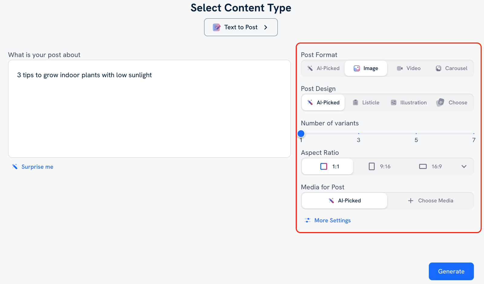 The Text to Post interface. On the right, highlighted with red are the post settings.