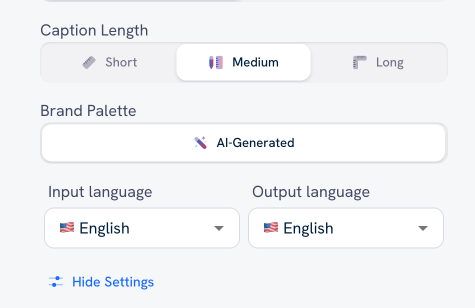 An example of additional settings that appear when you click the More Settings button: Caption Length, Brand Palette, Input and Output Language. 