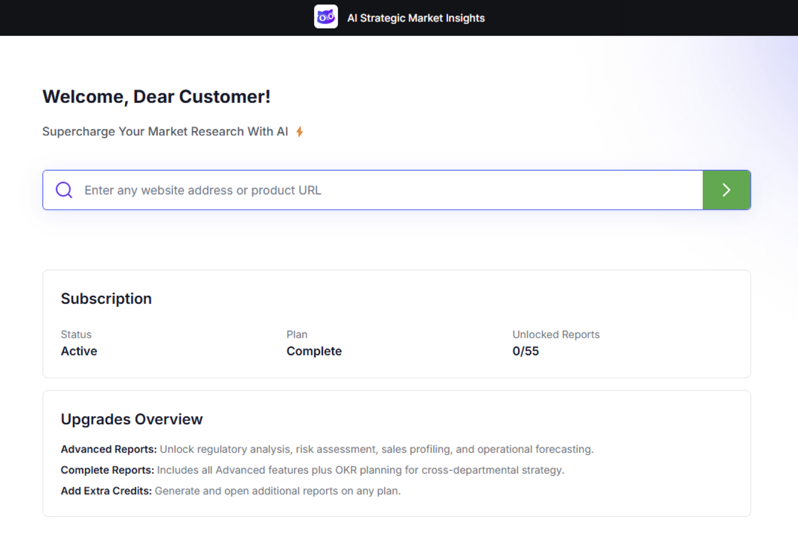 The Dashboard and search bar in AI Strategic Market Insights.