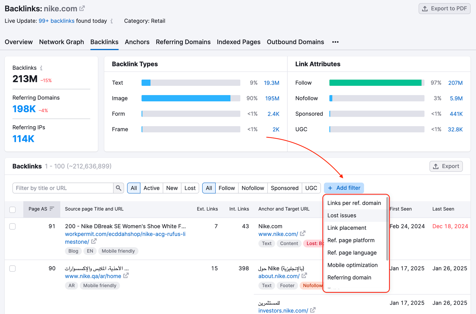 The Add filter drop-down is highlighted an the top of the Backlinks table.