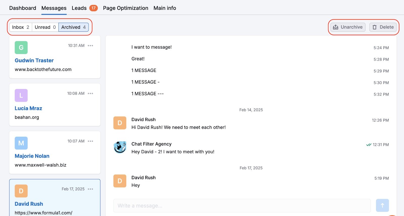 Messages tab with the Unarchive and Delete buttons highlighted in the top-right corner, along with three highlighted folders for Inbox, Unread, and Archived messages.